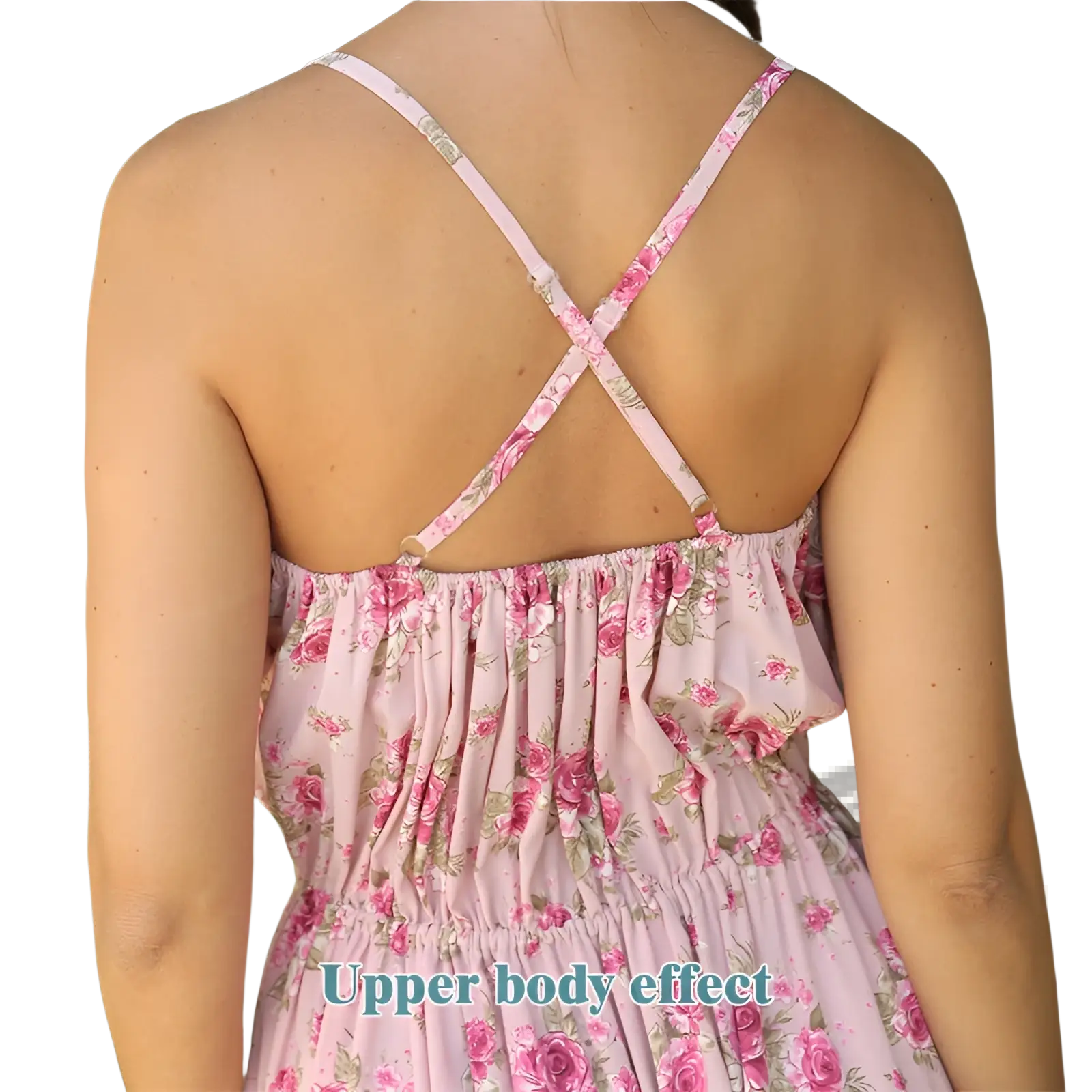 Pink floral ruffled maxi dress with gathered bodice and crossed shoulder straps in lightweight fabric