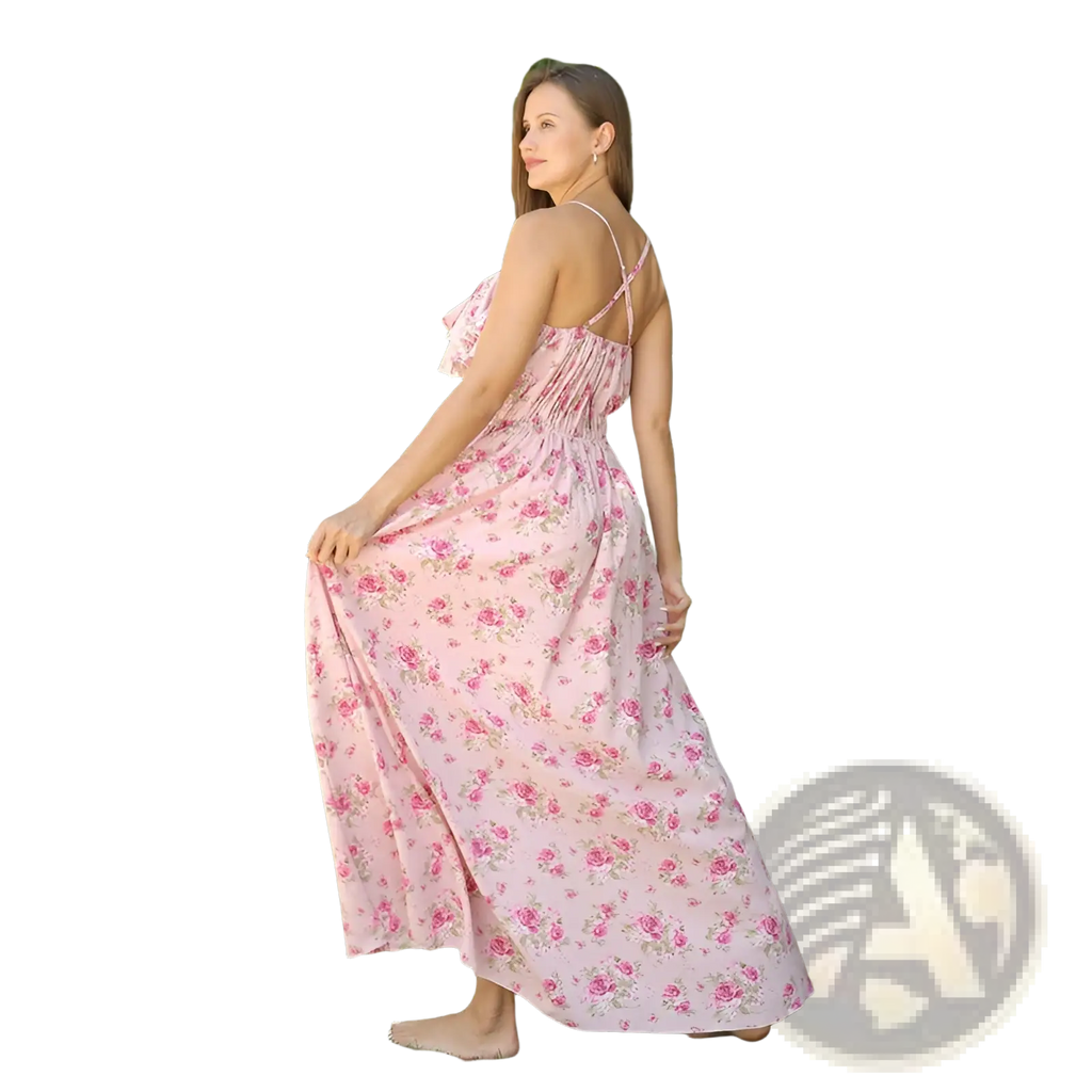 A woman wearing a pink floral maxi dress with delicate ruffled straps and a gathered bodice