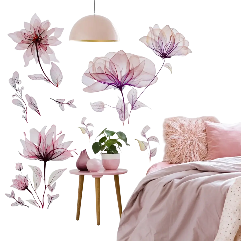 Pink floral wall stickers peel and stick decals with translucent petals and delicate stems on a white wall