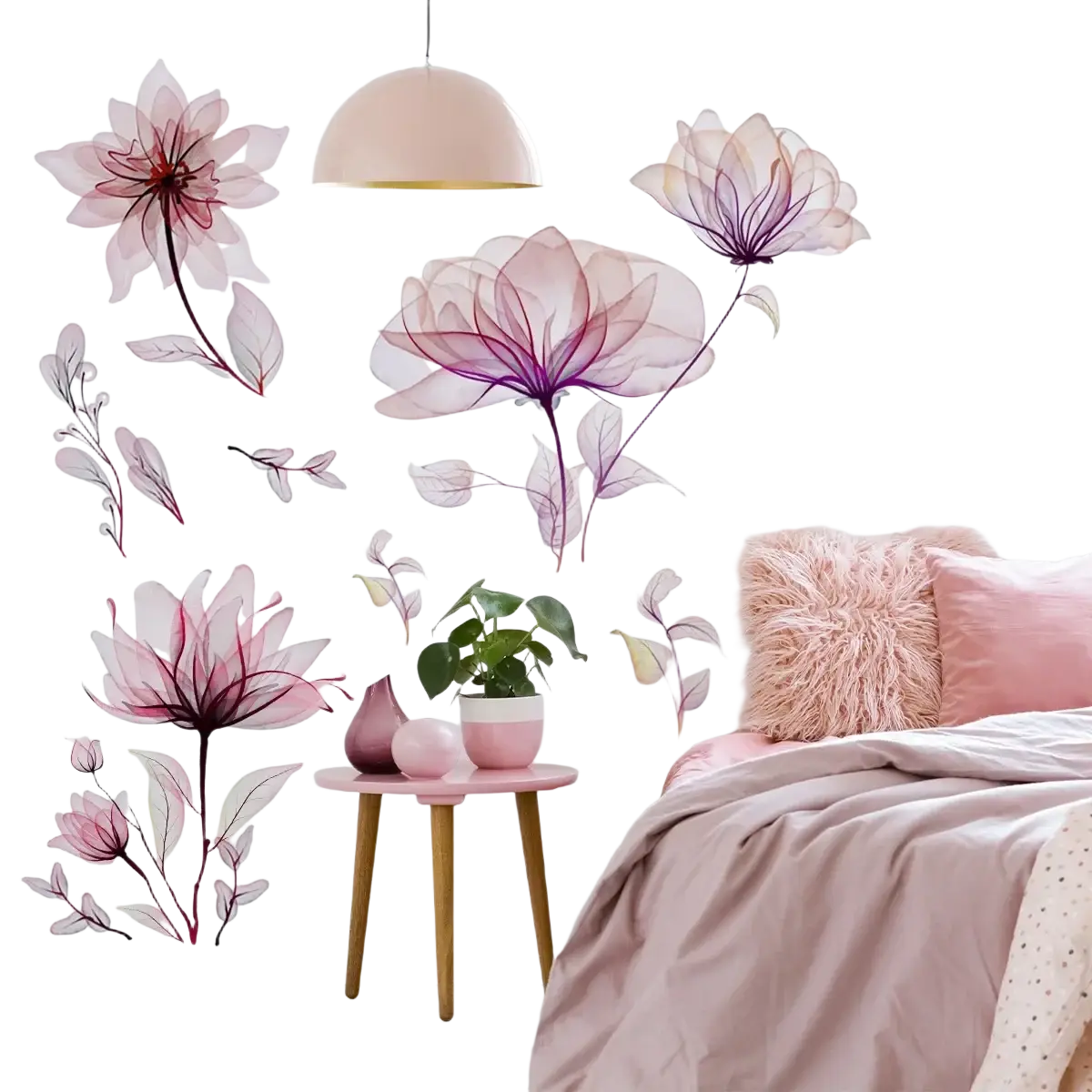 Pink floral wall stickers peel and stick decals with translucent petals and delicate stems on a white wall