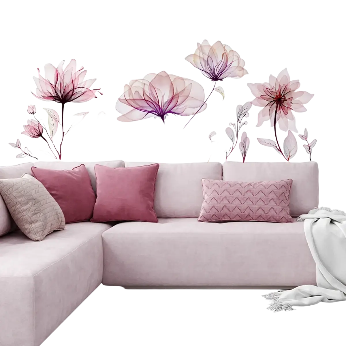 Pastel pink sectional sofa with plush velvet upholstery and coordinating mauve rose and beige decorative pillows