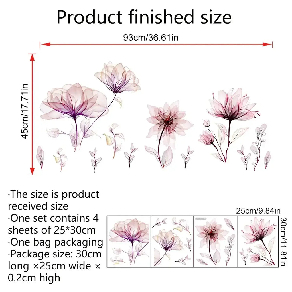 Set of four translucent pink and purple floral wall stickers peel and stick decals with delicate flower designs