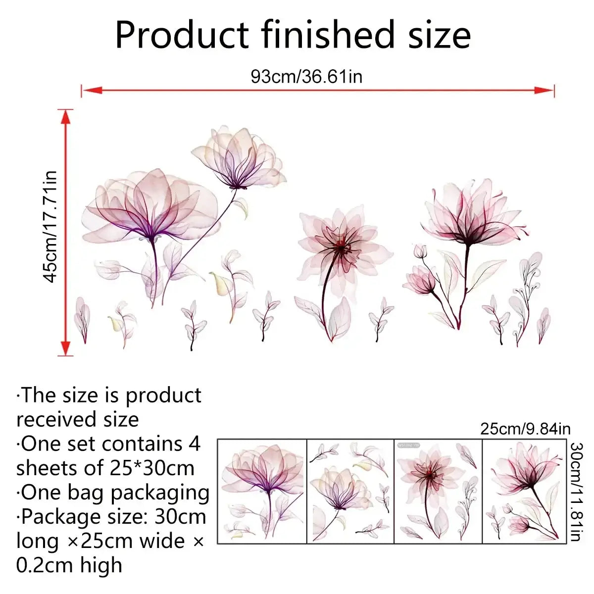 Set of four translucent pink and purple floral wall stickers peel and stick decals with delicate flower designs