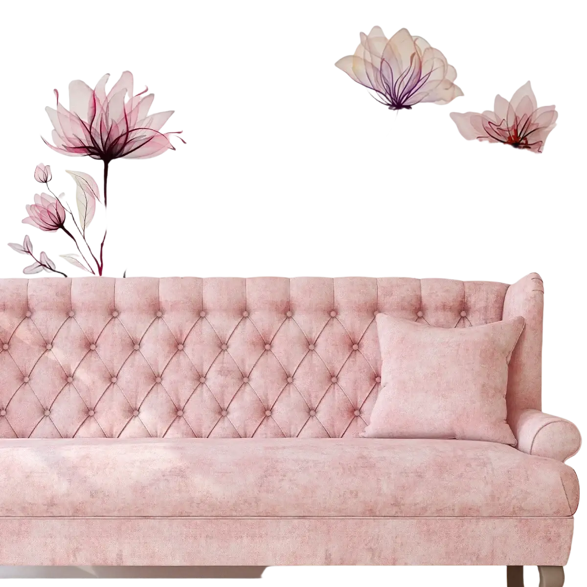 Pink tufted velvet sofa with matching cushion complementing pink floral wall stickers peel and stick decals display