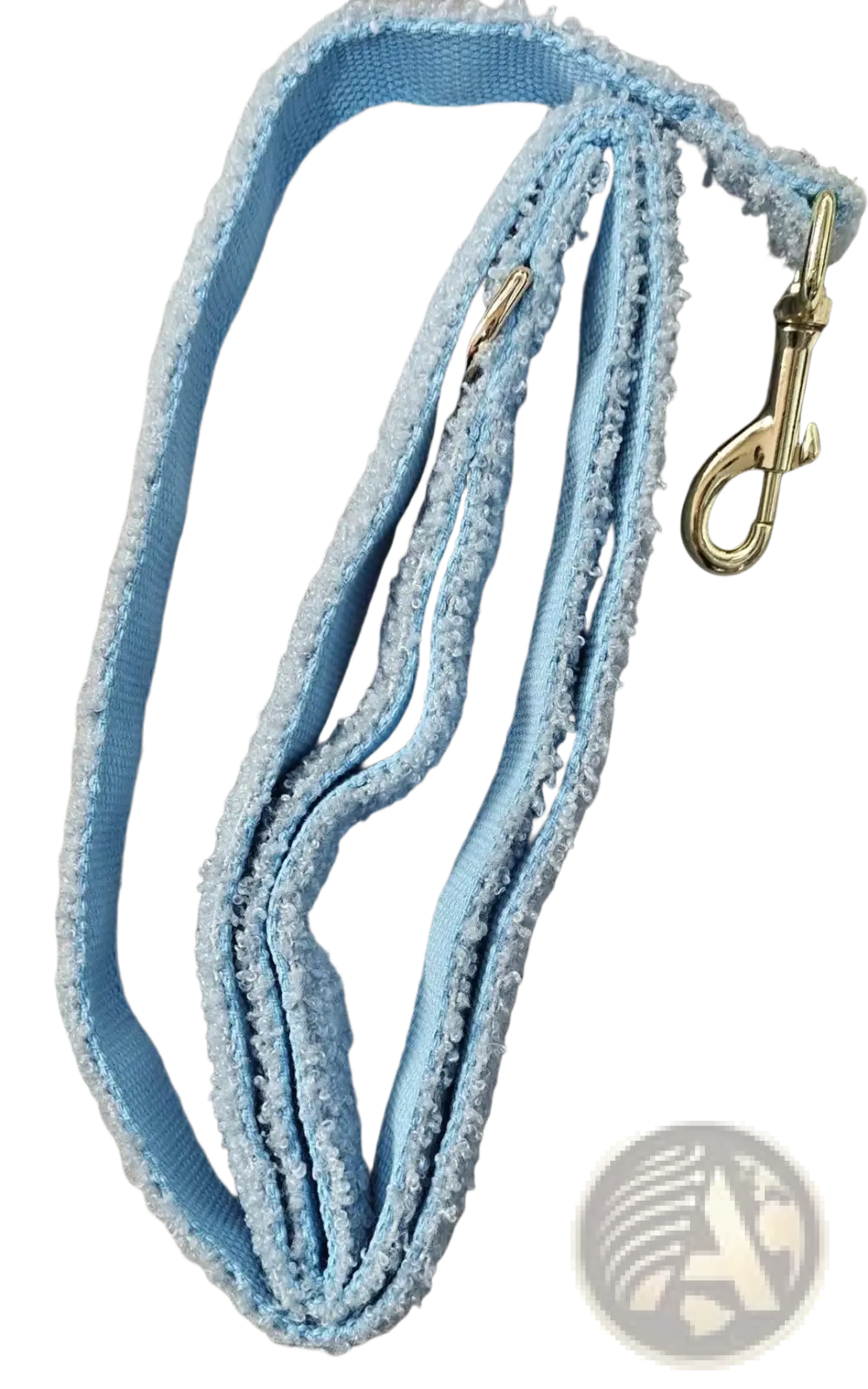 Light blue fuzzy dog leash 1.5m with gold toned metal clasp designed for comfortable and stylish pet walks