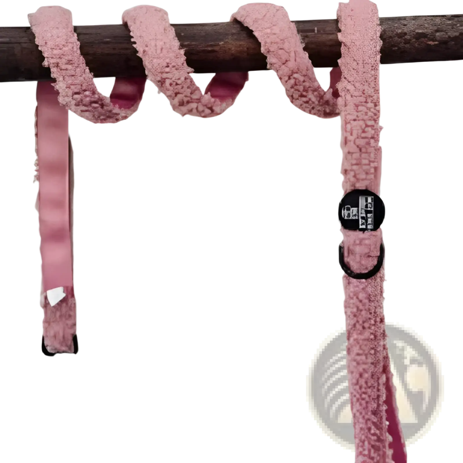Pink fuzzy dog leash 1.5m with textured material and black metal hardware for secure pet walking
