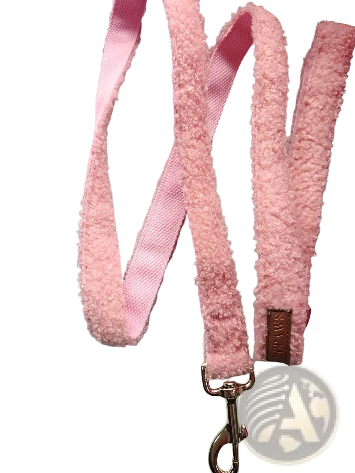 Pink fuzzy dog leash 1.5m with metallic clasp and brown leather tag for comfortable and stylish pet walking