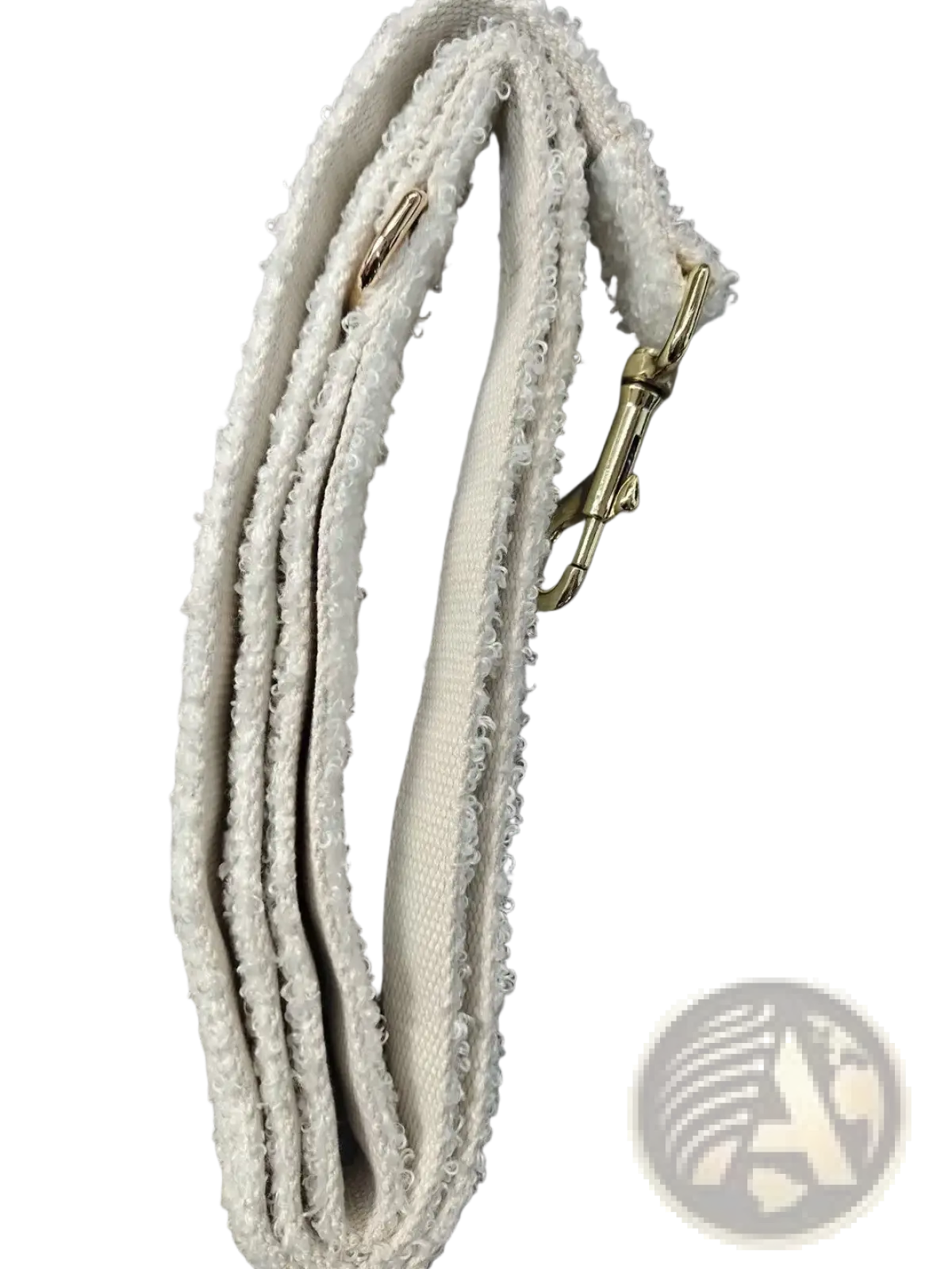 Pink fuzzy dog leash 1.5m with white textured canvas shoulder strap and gold-tone metal hardware