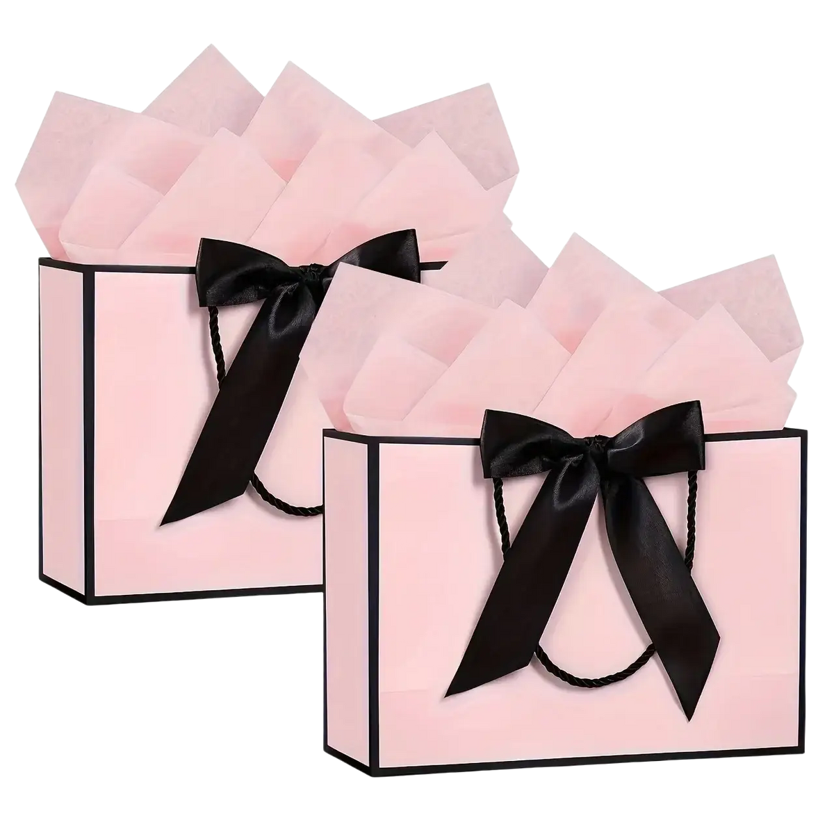 Pink gift bags with black satin bows and trim included in a bows and cards set for elegant gifting