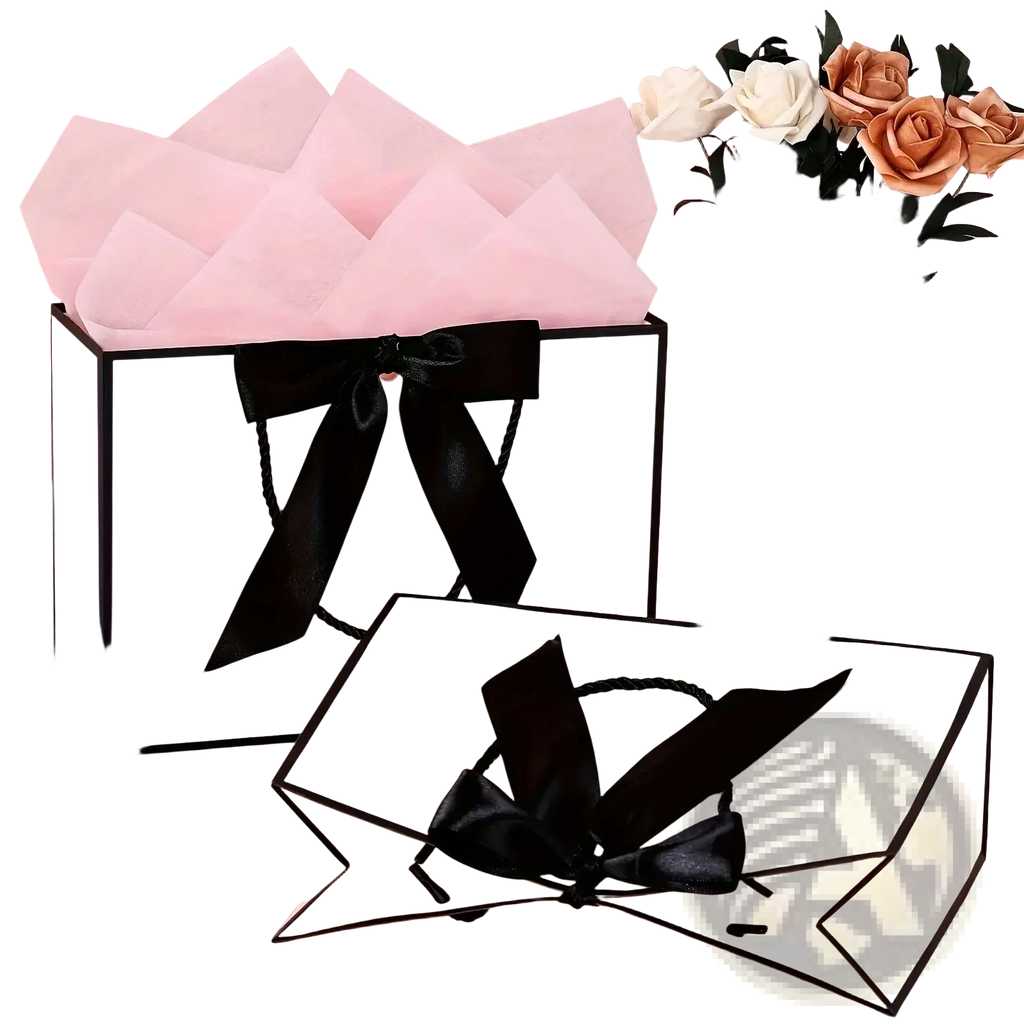 Pink gift bag with black satin ribbon bow and trim from pink gift bags with bows and cards set