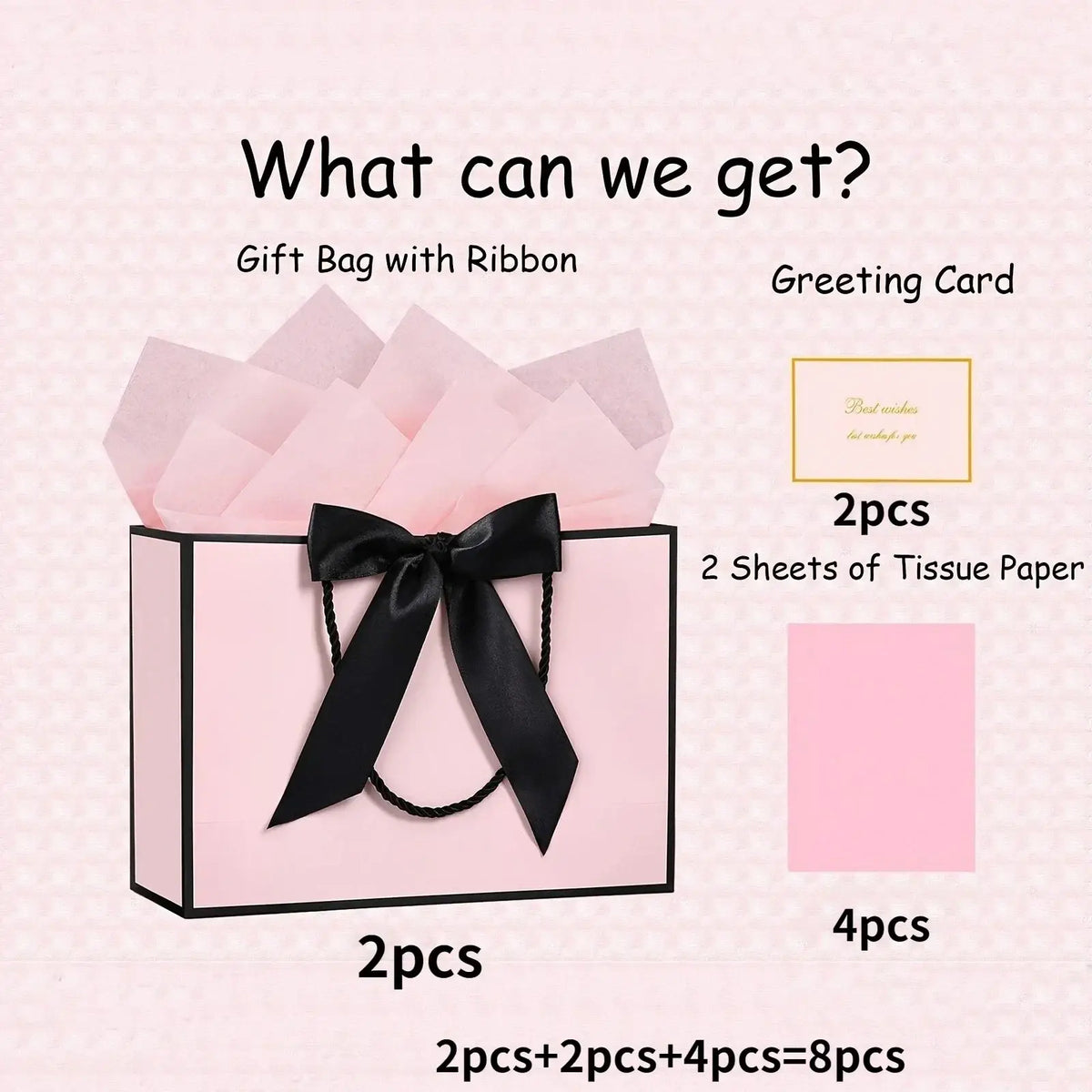 Pink gift bag with black satin ribbon bow and handles included in pink gift bags with bows and cards set