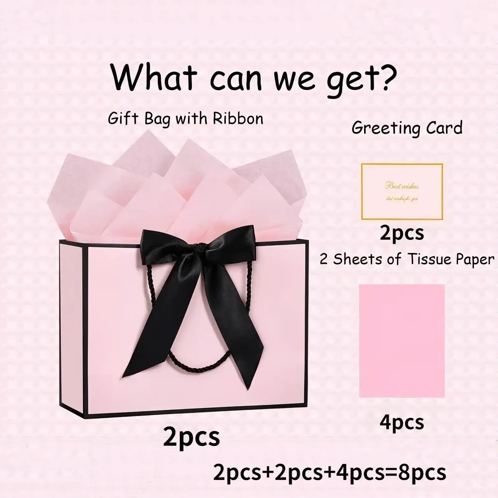 Pink gift bag with black satin ribbon bow featuring a sleek design from the pink gift bags with bows and cards set