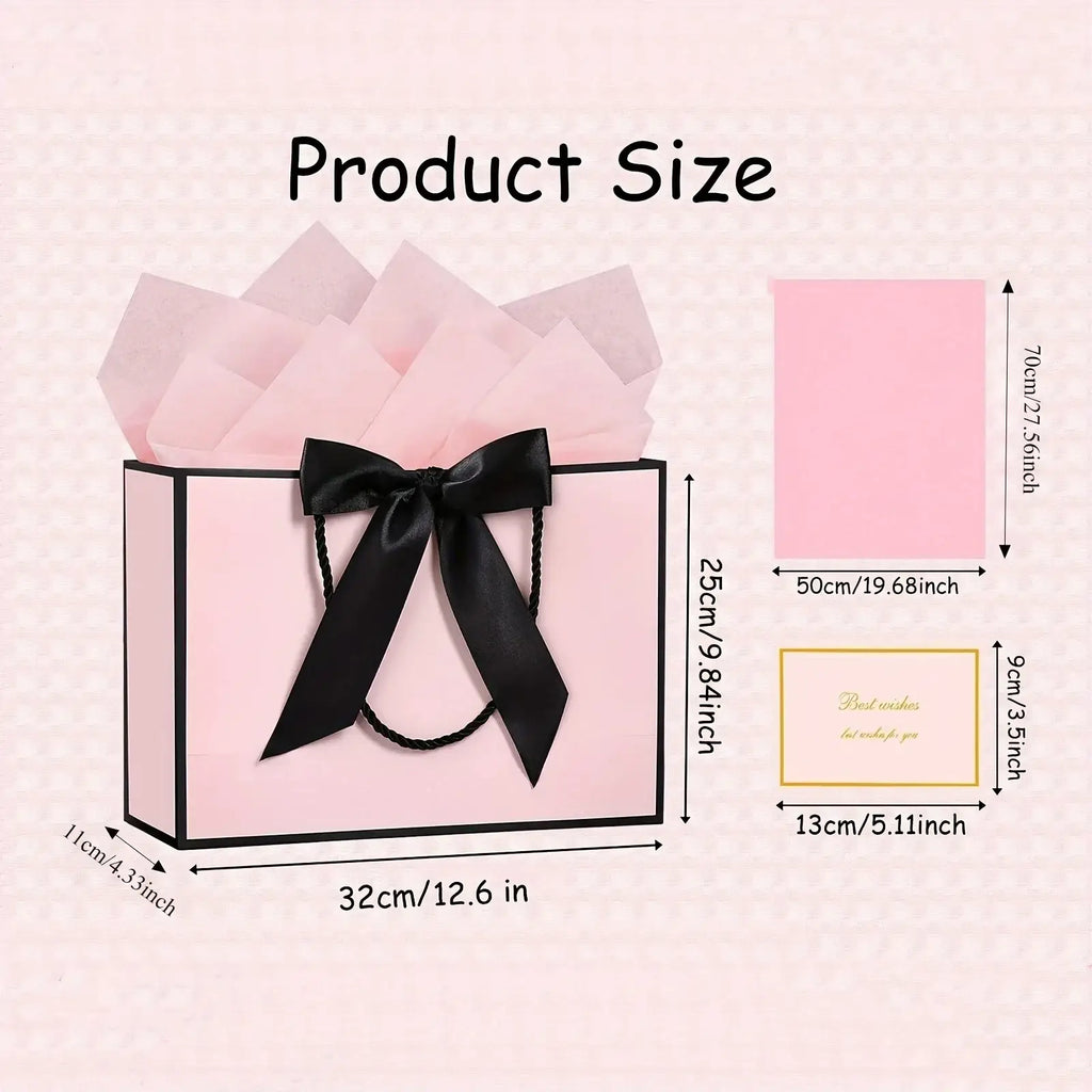 Pink gift bag with black satin ribbon handle and matching bow from the pink gift bags with bows and cards set