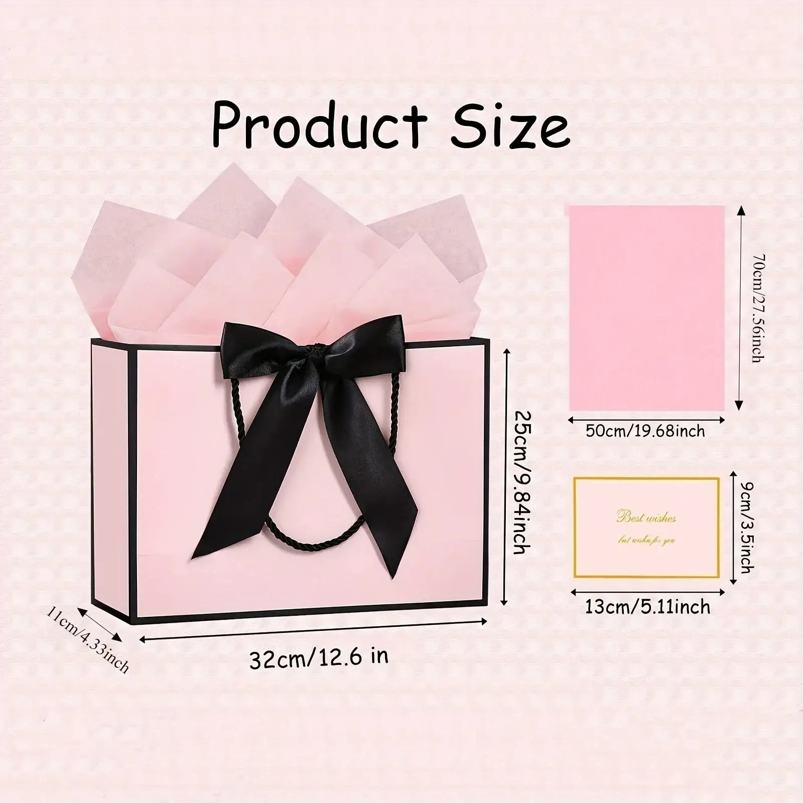 Pink gift bag with black satin ribbon handle and matching bow from the pink gift bags with bows and cards set