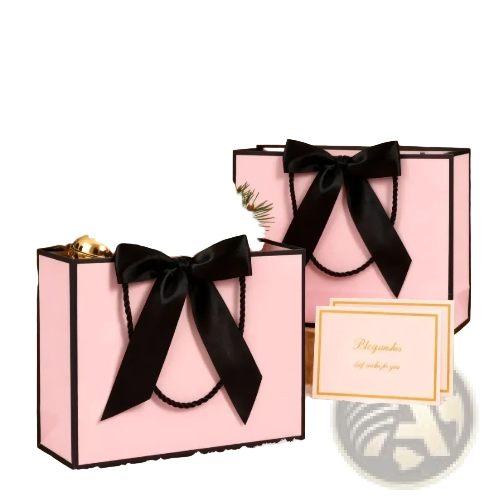 Pink gift bags with black satin bows gold bells and pine branches in a bows and cards set for festive packaging