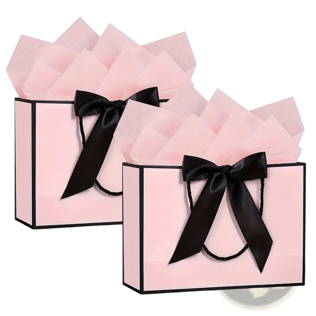 Pink gift bags with black satin bows and trim included in a bows and cards set for elegant gifting