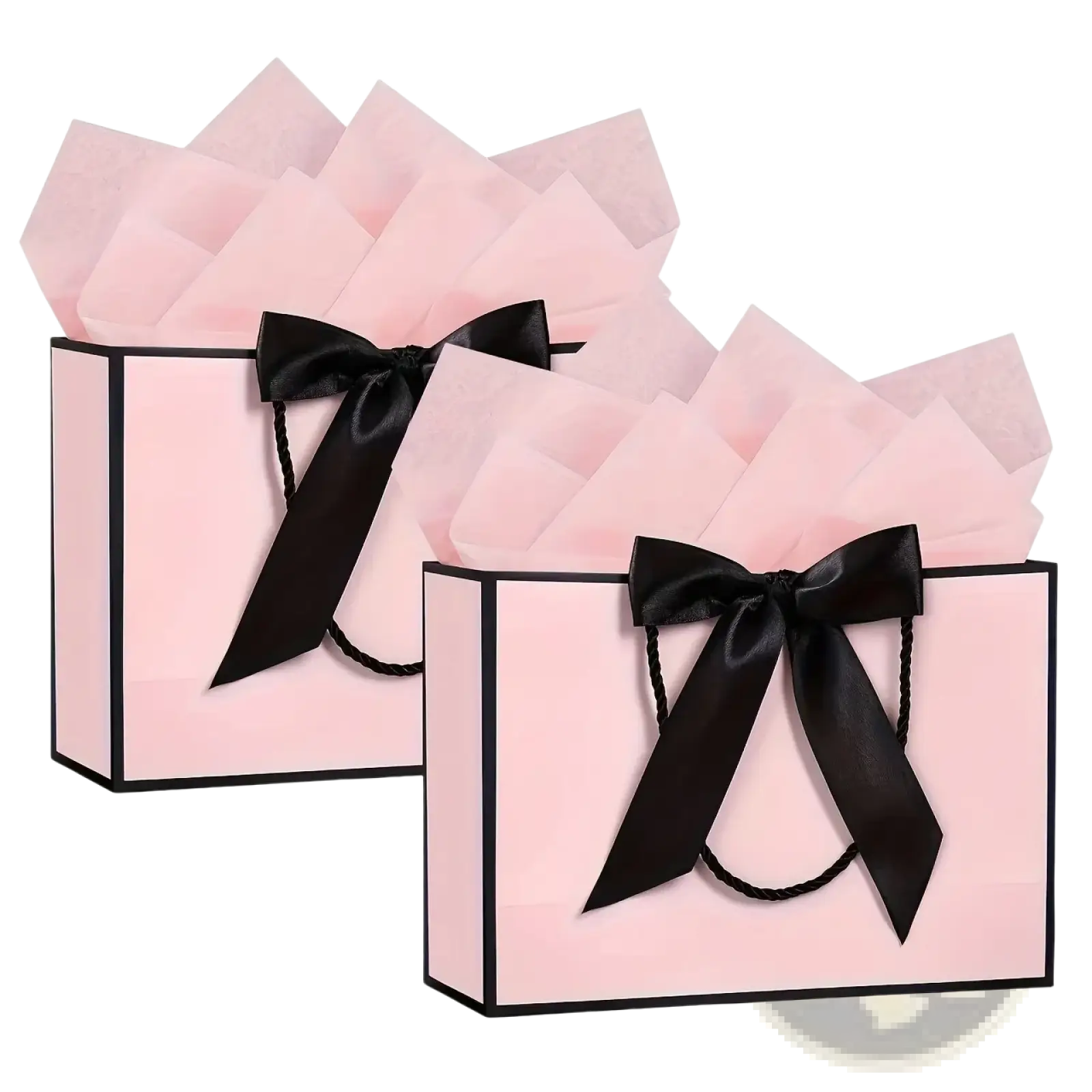 Pink gift bags with black satin bows and trim included in a bows and cards set for elegant gifting