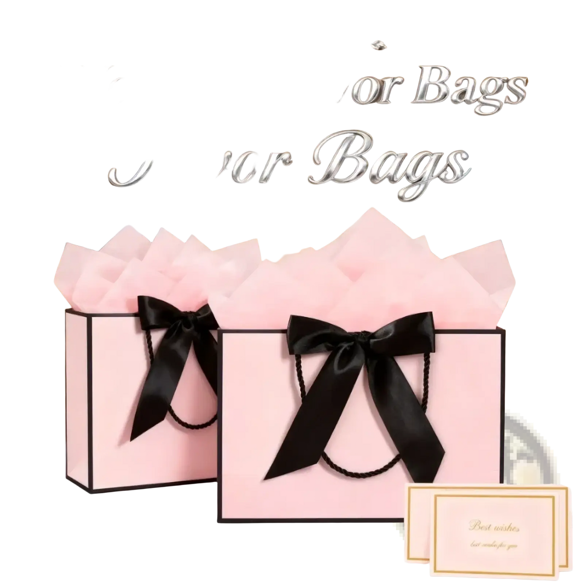 Pink gift bags with black satin bows and trim designed as elegant wedding favor bags with included cards set