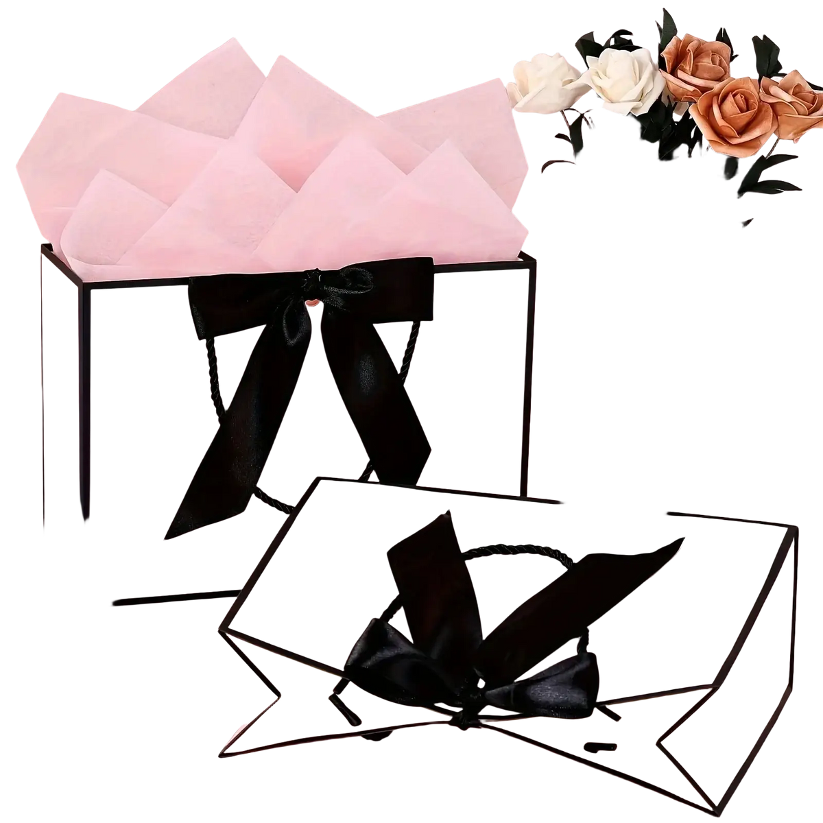 Pink gift bag with black satin ribbon bow and trim from pink gift bags with bows and cards set