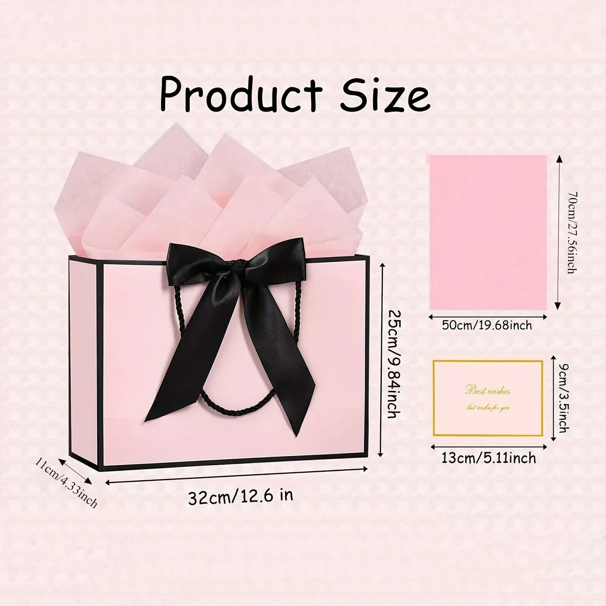 Pink gift bag with black satin ribbon handle and matching bow from the pink gift bags with bows and cards set