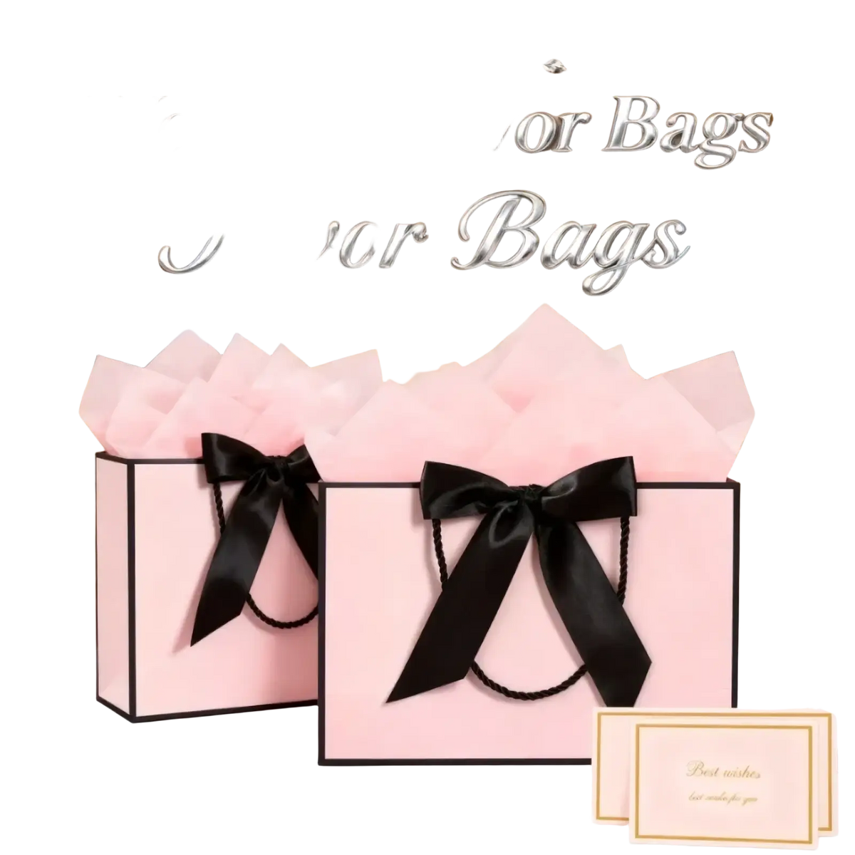 Pink gift bags with black satin bows and trim designed as elegant wedding favor bags with included cards set