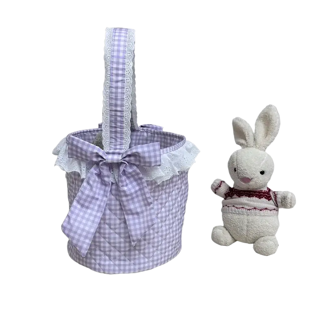Pink gingham easter basket with lavender and white quilted fabric lace trim ribbon bow and matching handle