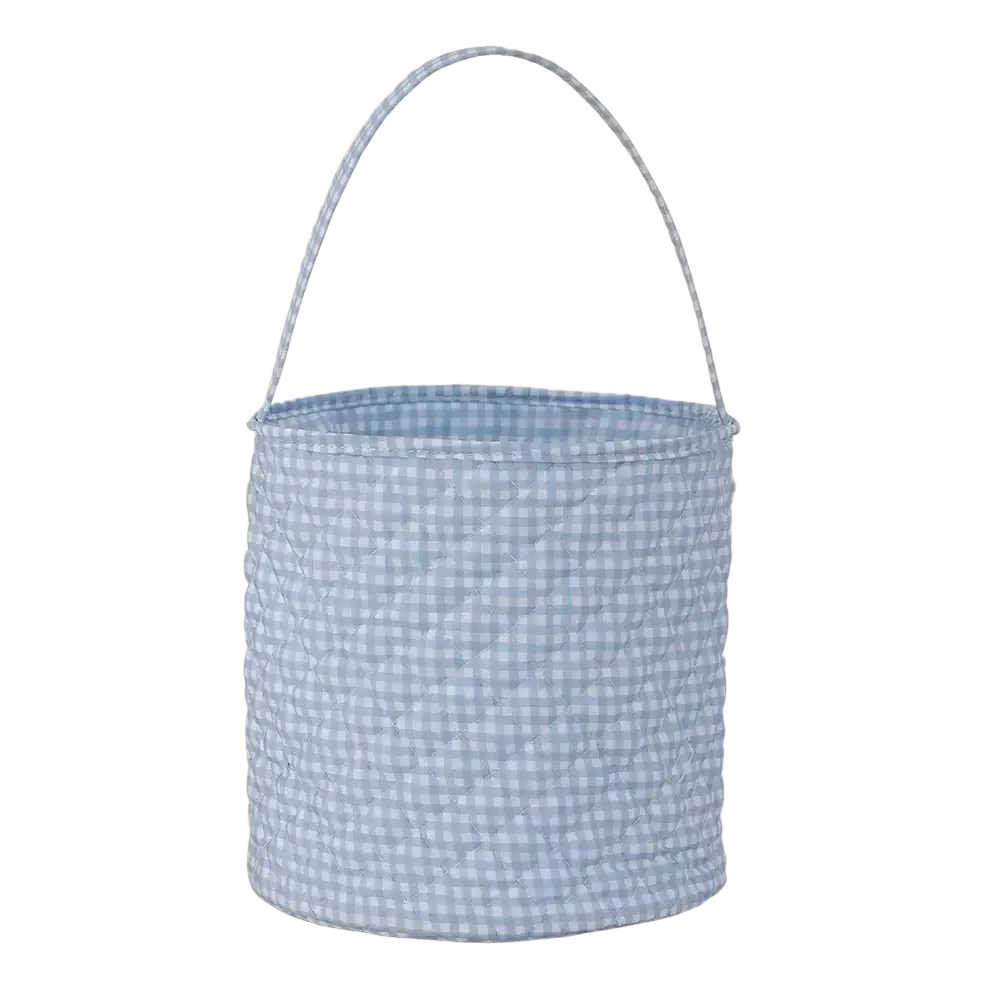 Light blue and white gingham easter basket with quilted fabric and matching arched handle featuring lace trim