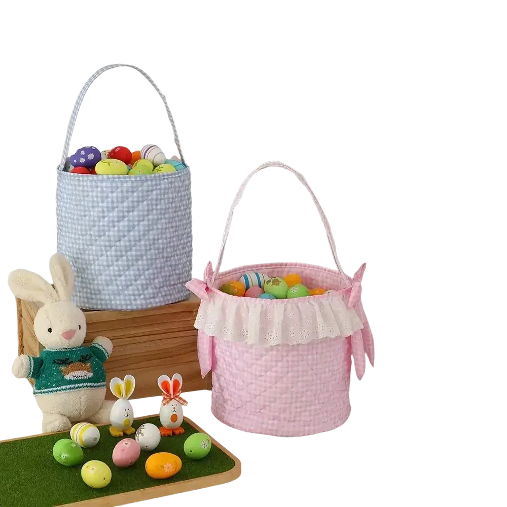 Pink quilted easter basket with white lace trim and matching bow designed as a gingham easter basket