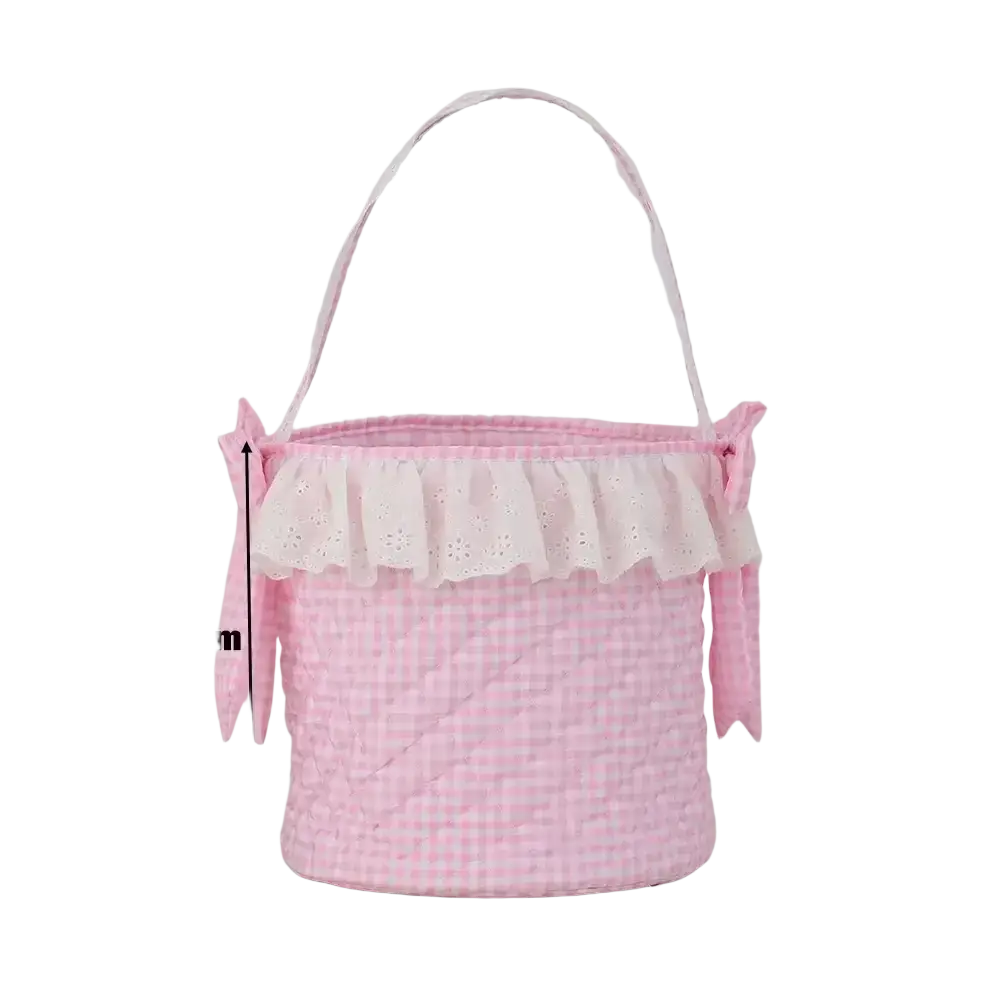 Pink gingham easter basket with quilted fabric, white lace trim ruffle, and matching handles for festive use