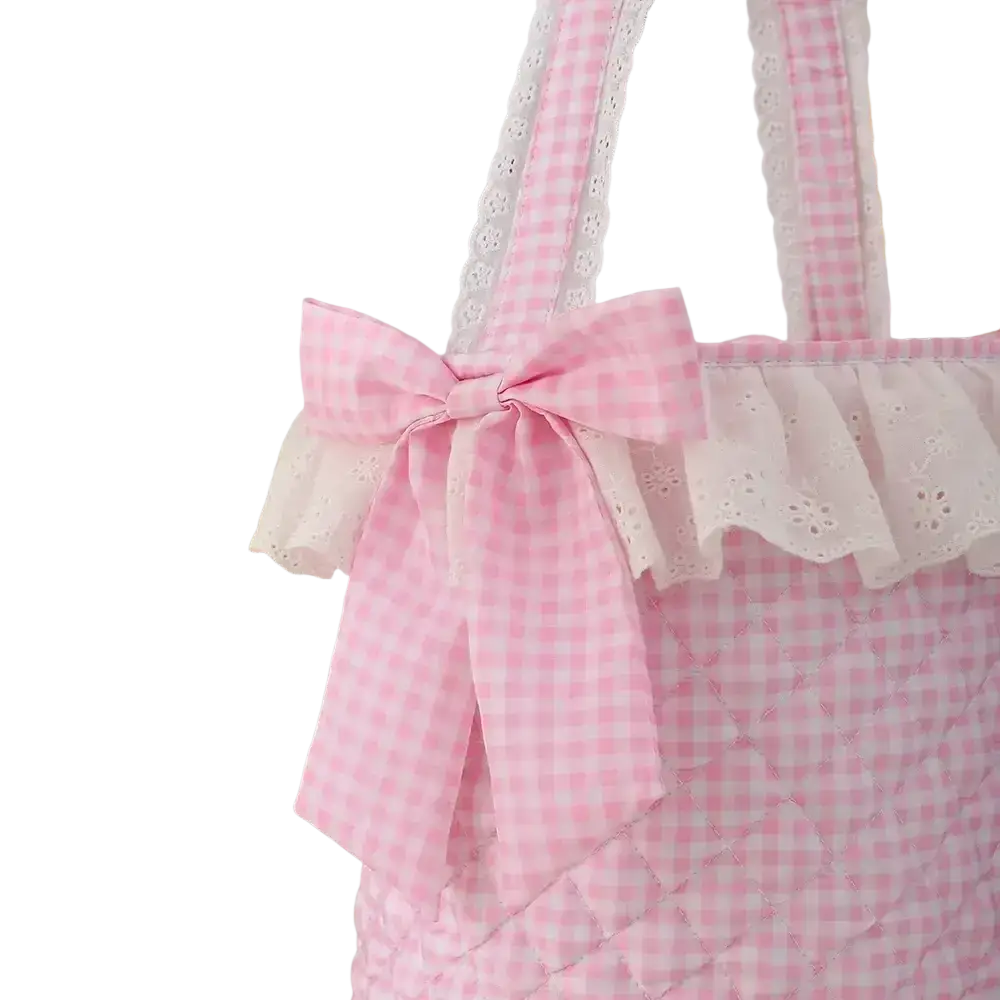 Pink gingham easter basket tote bag with quilted fabric lace trim and matching pink bow for spring use
