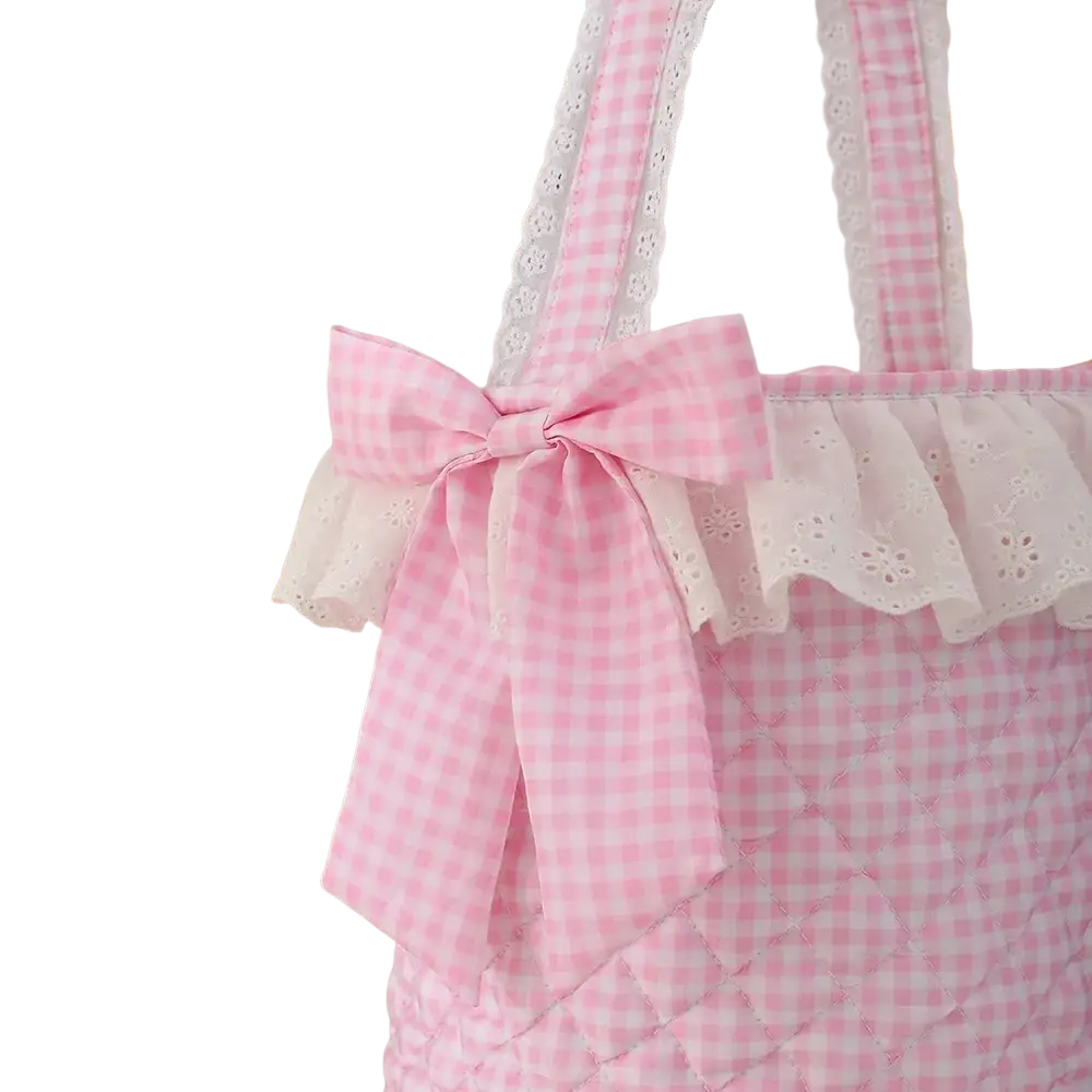 Pink and white gingham quilted tote bag with matching bow and lace trim for Easter basket use