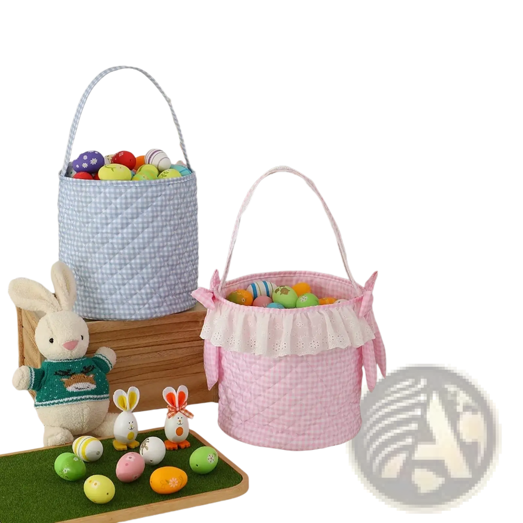 Pink gingham easter basket with lace trim featuring a pink and white checkered quilted design and ribbon ties
