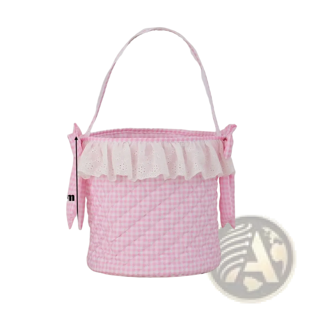 Pink gingham easter basket with quilted fabric lace ruffle trim and matching ribbon ties