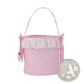 Pink gingham easter basket with quilted fabric lace ruffle trim and matching ribbon ties