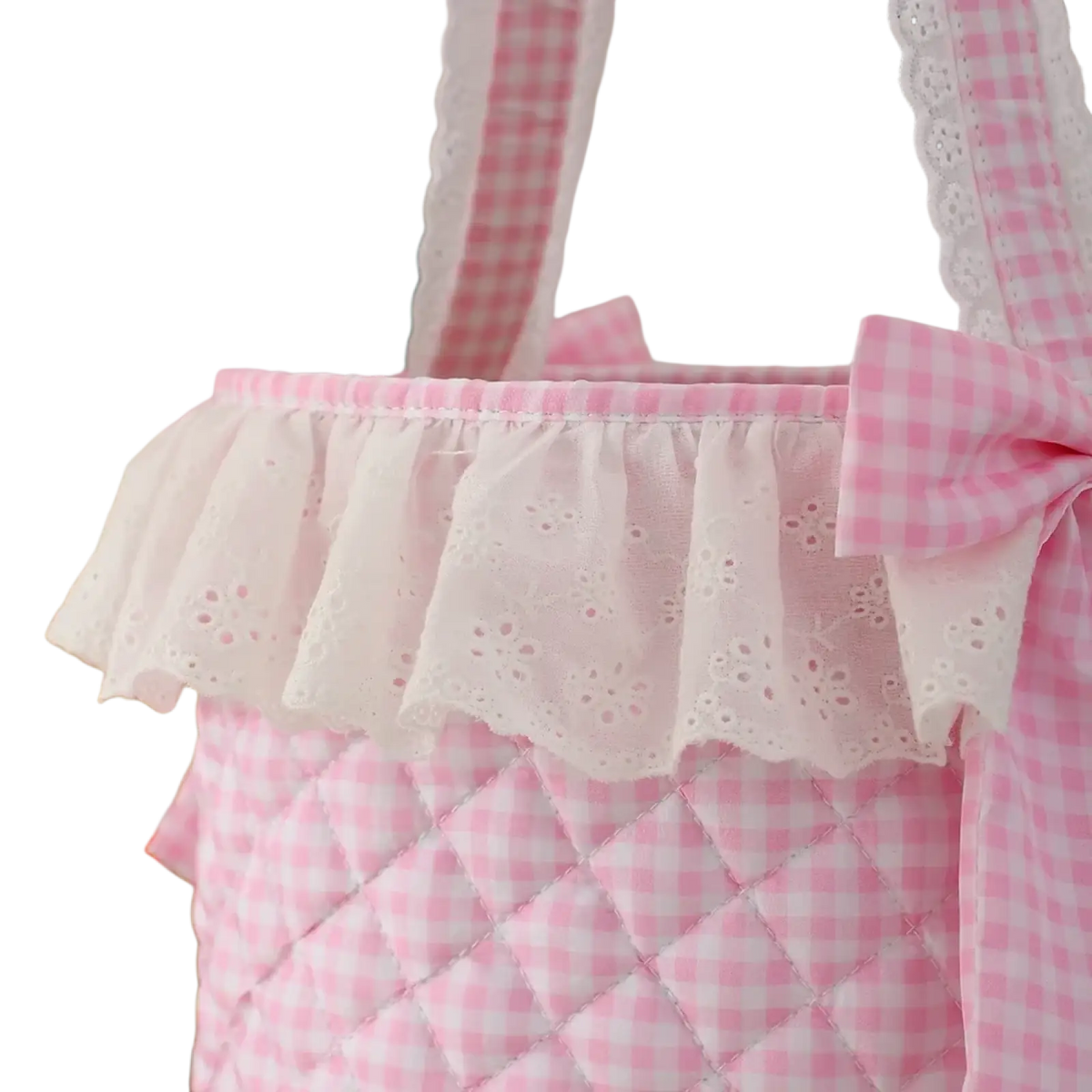 Pink gingham Easter basket with quilted fabric lace ruffle trim and matching bow for decorative use