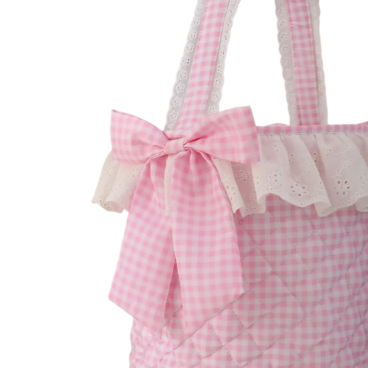 Pink and white gingham quilted tote bag with matching bow and lace trim for Easter basket use
