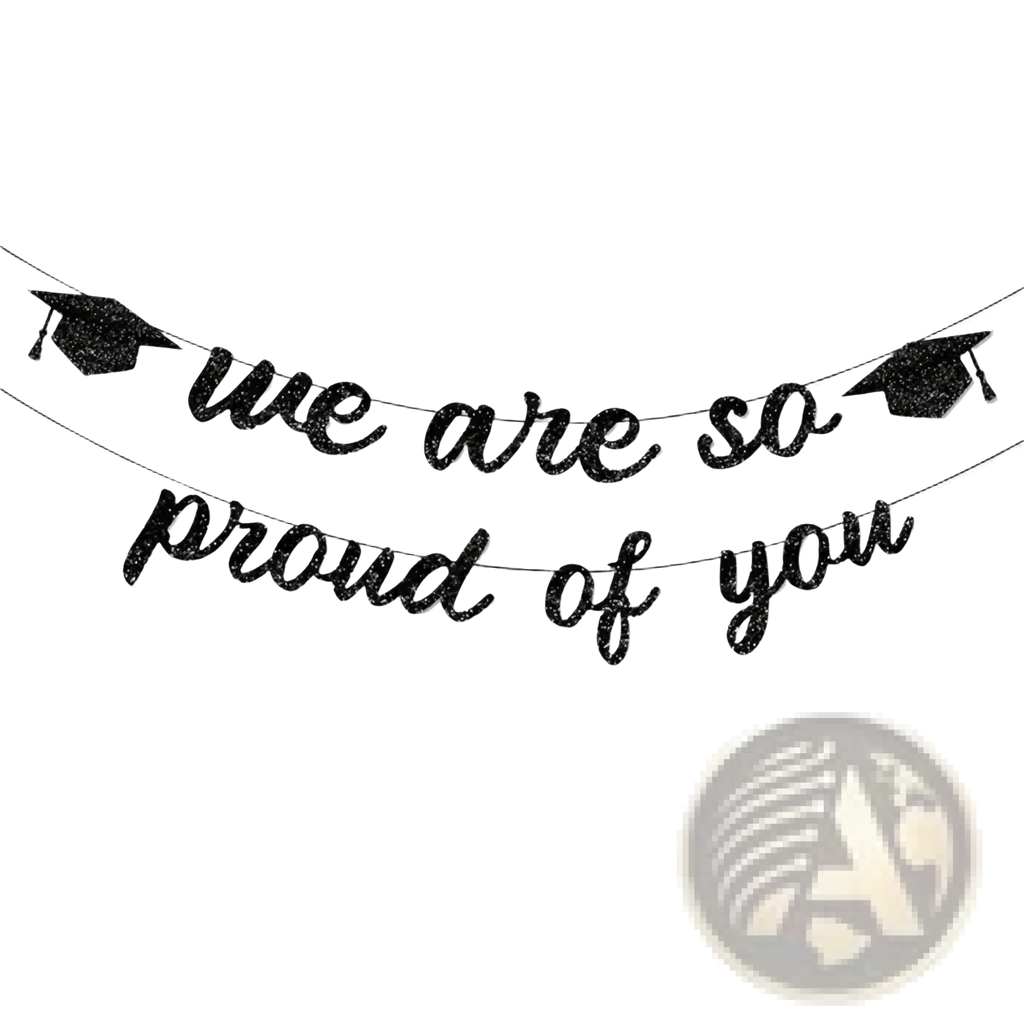 Black glittery graduation cap banner with pink glitter cursive lettering we are so proud of you for celebrations