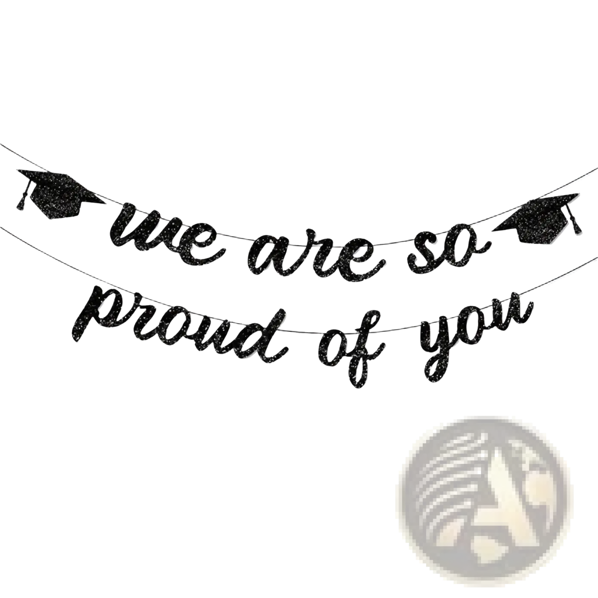Black glittery graduation cap banner with pink glitter cursive lettering we are so proud of you for celebrations