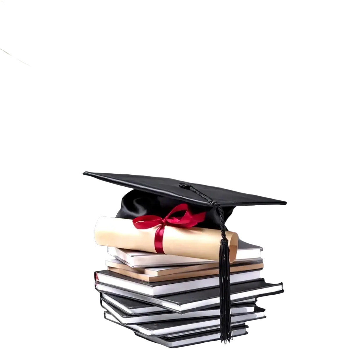 Black graduation cap with red ribbon diploma on books featured with pink glitter graduation proud of you banner