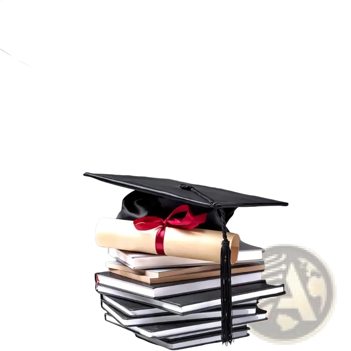 Black graduation cap with red ribbon tied diploma on books featured with pink glitter graduation proud of you banner