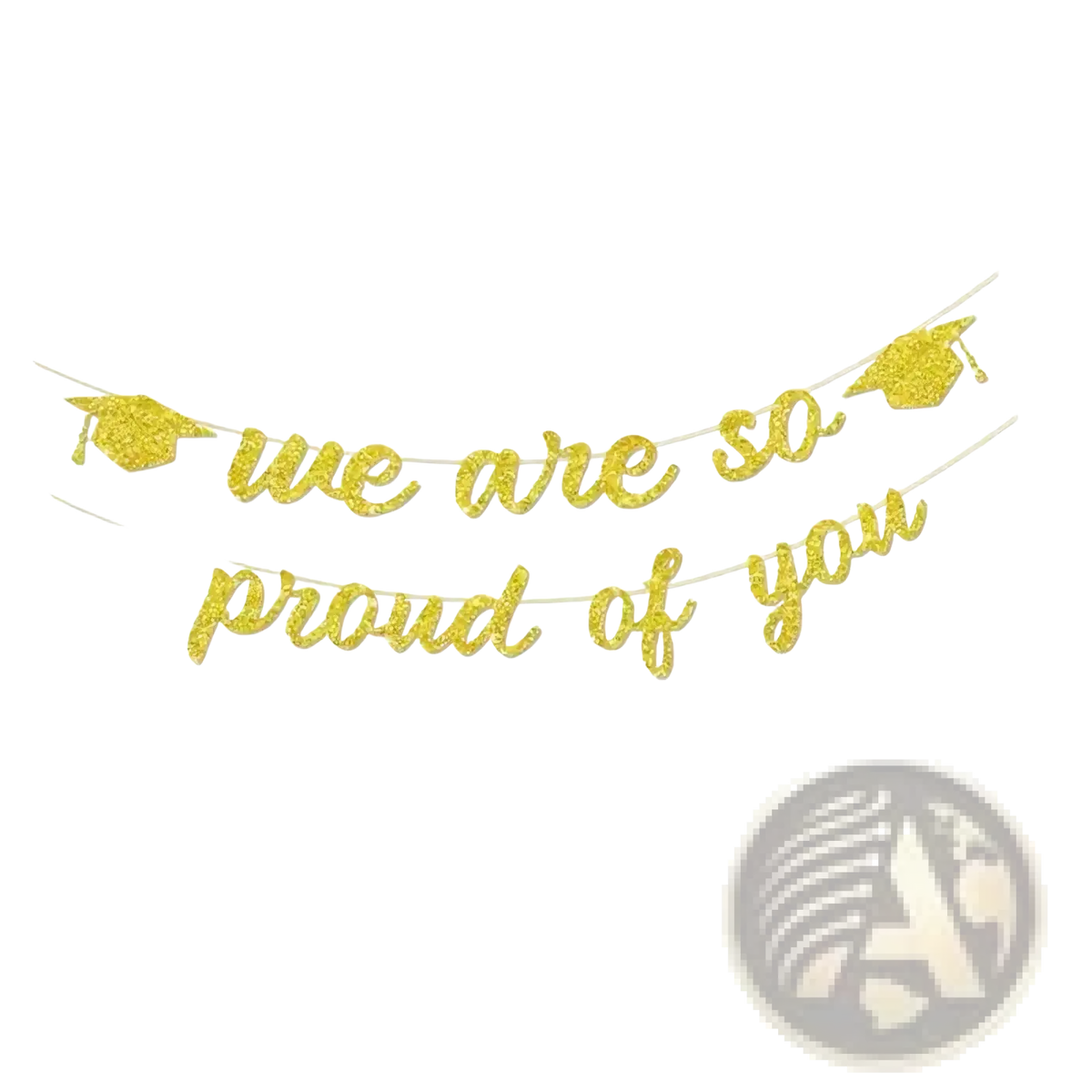 Pink glitter graduation proud of you banner with gold glitter we are so proud of you text and mortarboard cutouts
