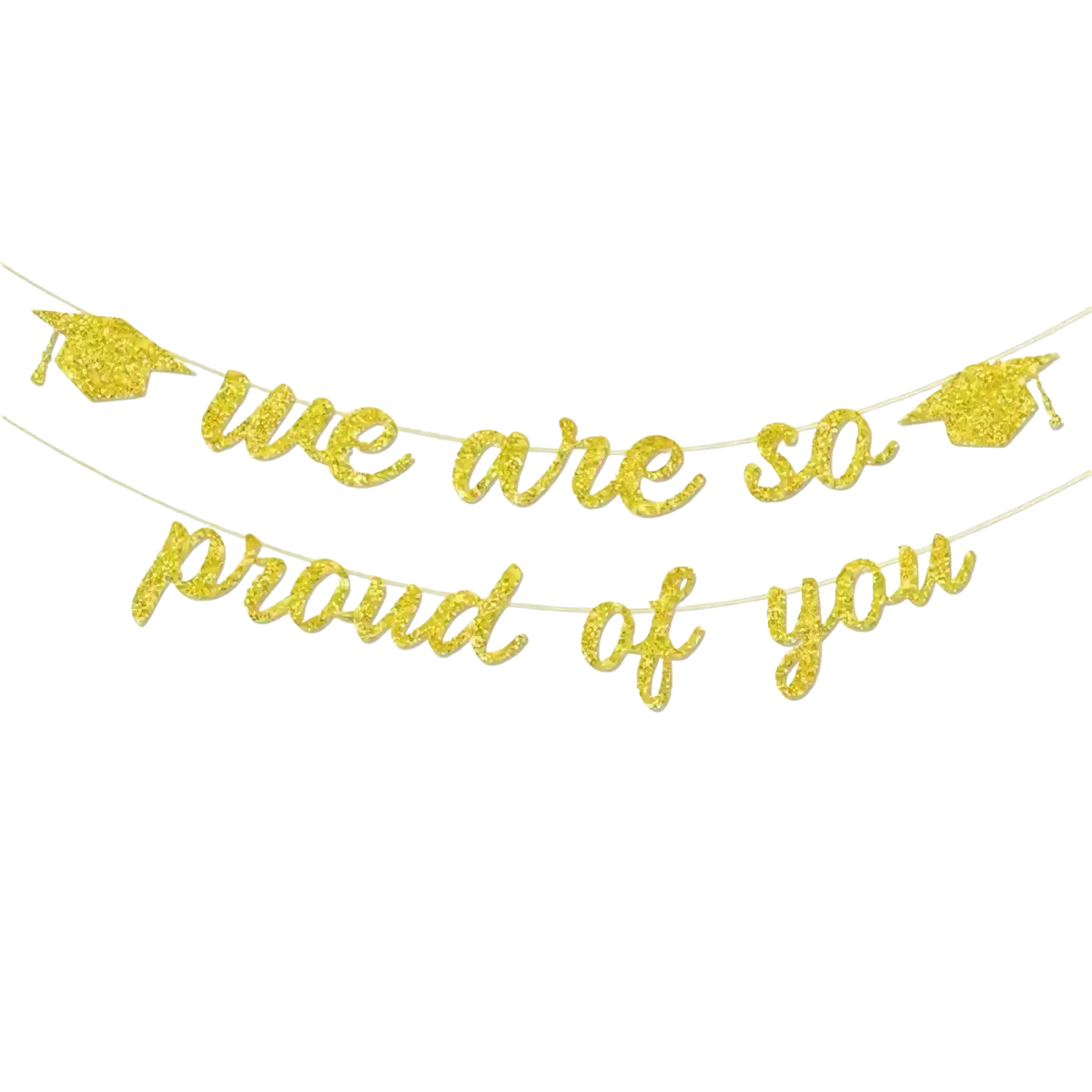 Pink glitter graduation proud of you banner featuring gold glitter proud of you phrase with mortarboard icons