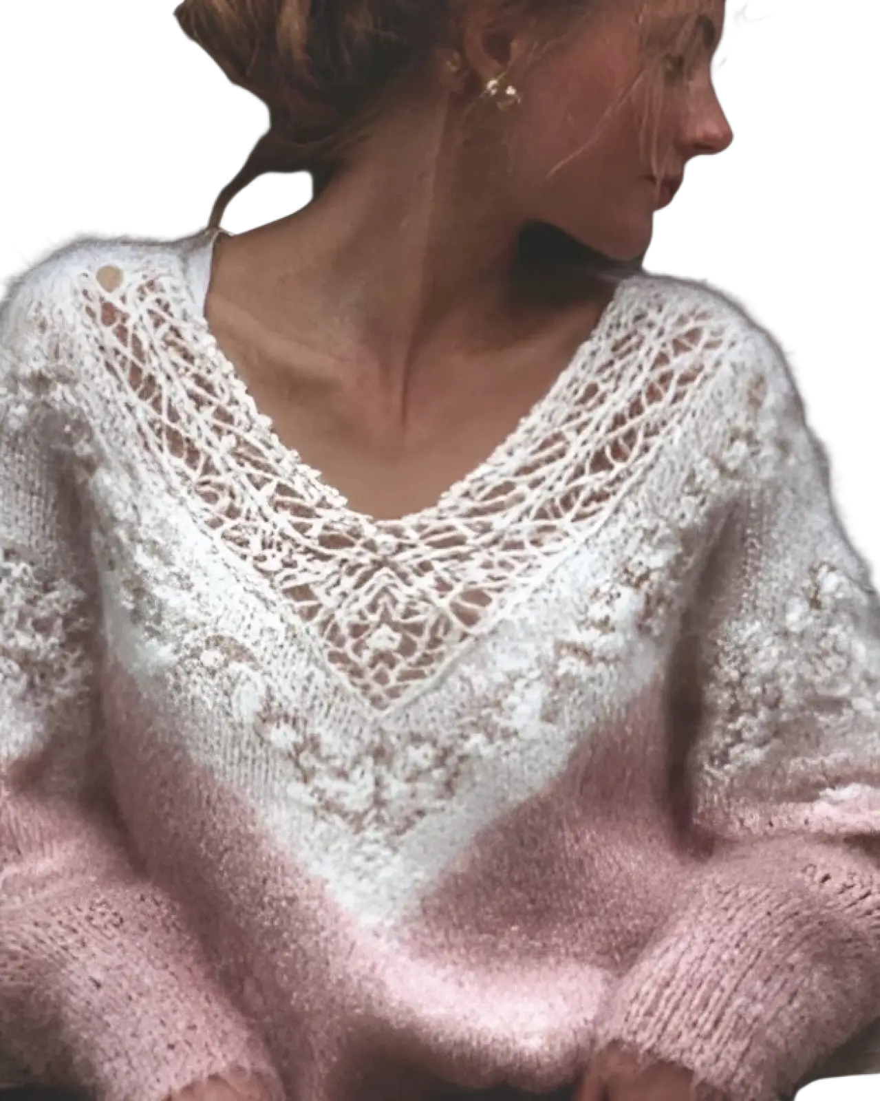 A soft knitted pink gradient lace v-neck sweater with intricate lace detailing around the neckline