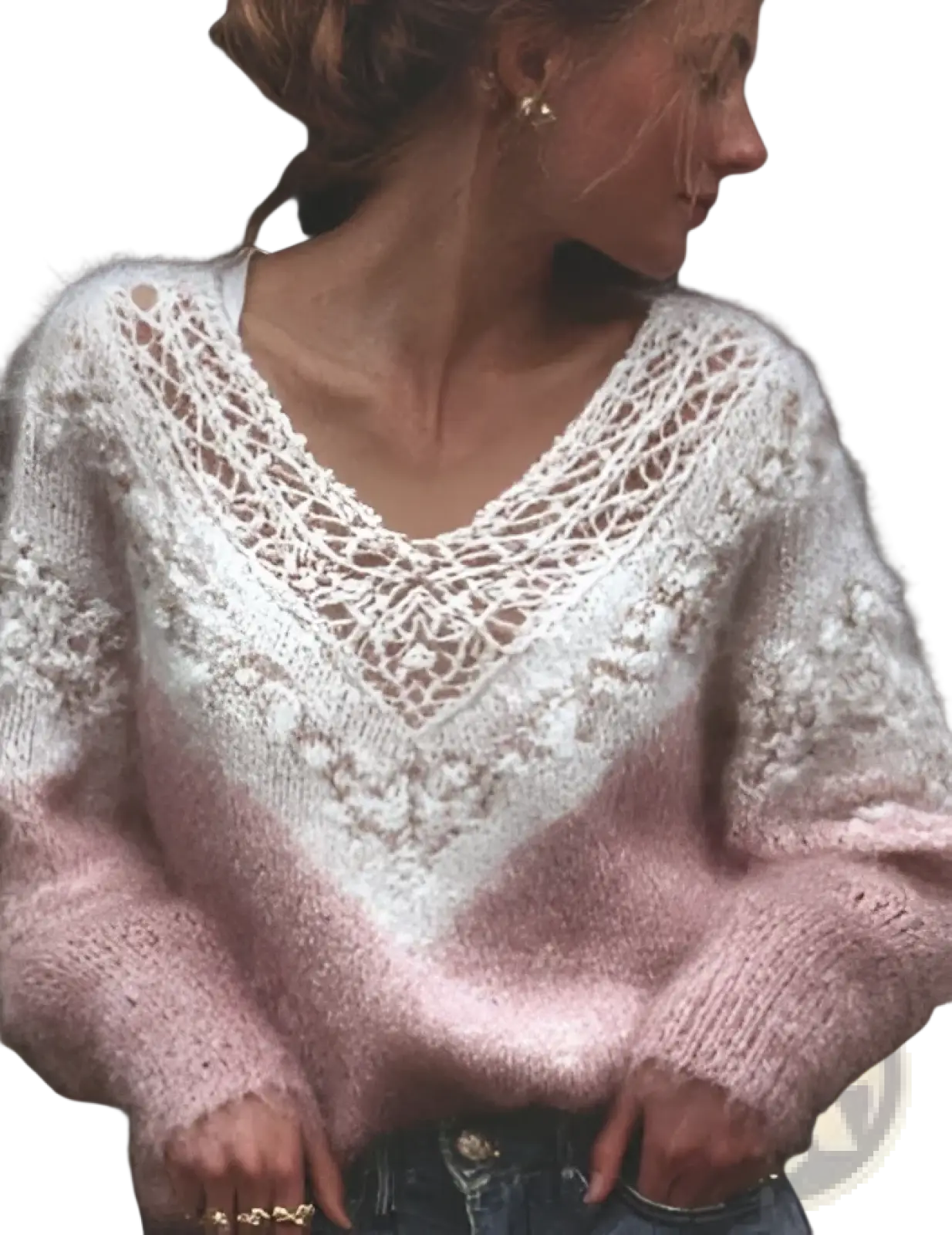 A soft fluffy white and pink gradient knit sweater with intricate lace detailing across the v-neck