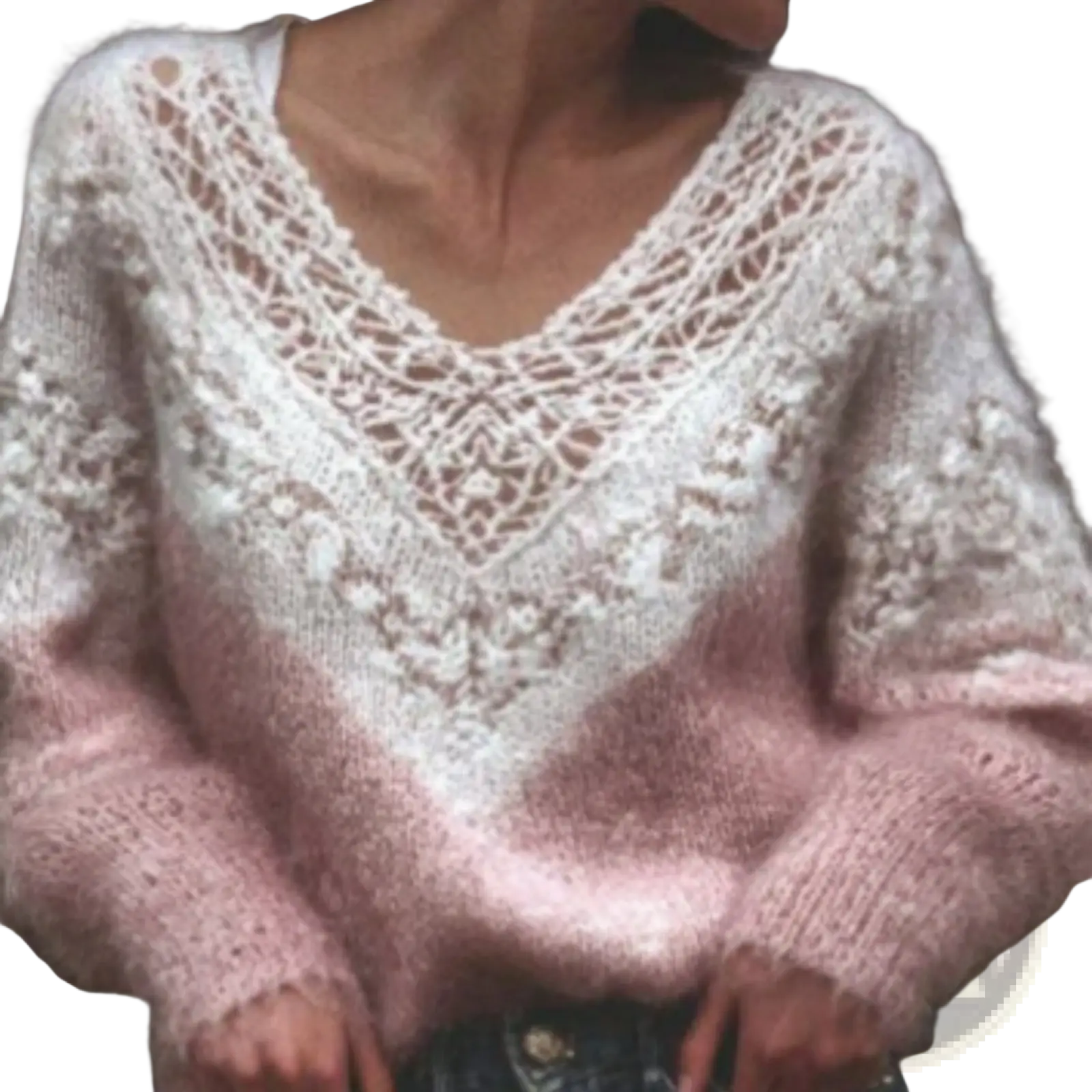 Pink gradient lace v-neck knit sweater with soft fuzzy fabric white lace panel and pink sleeves and body