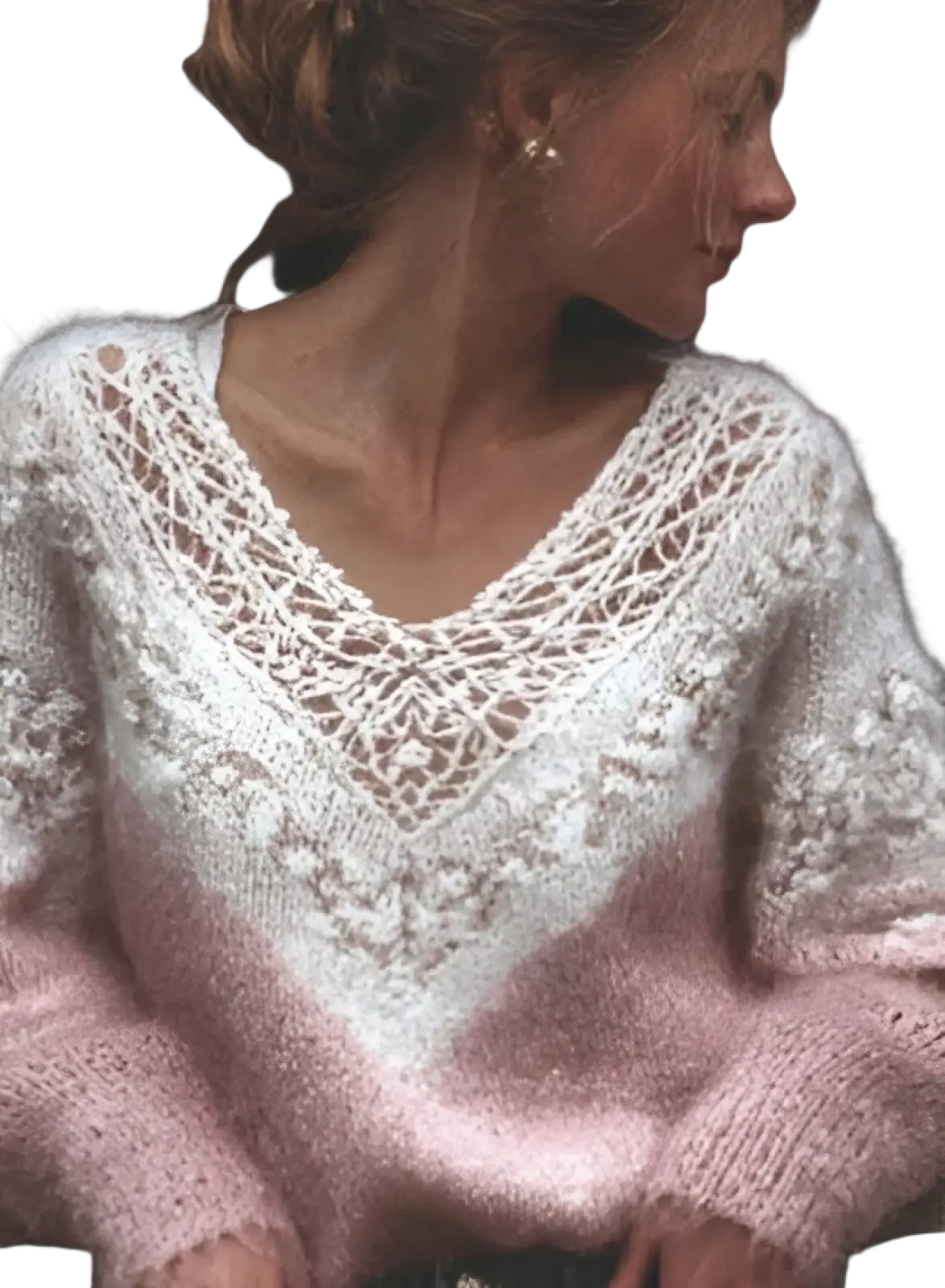 A soft pink gradient lace v-neck knit sweater with intricate lace detailing in a knitted fabric