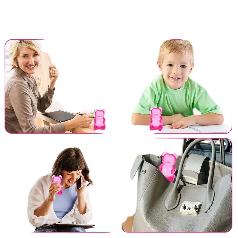 Pink gummy bear sensory fidget toy made of soft silicone acting as a phone stand for hands-free use
