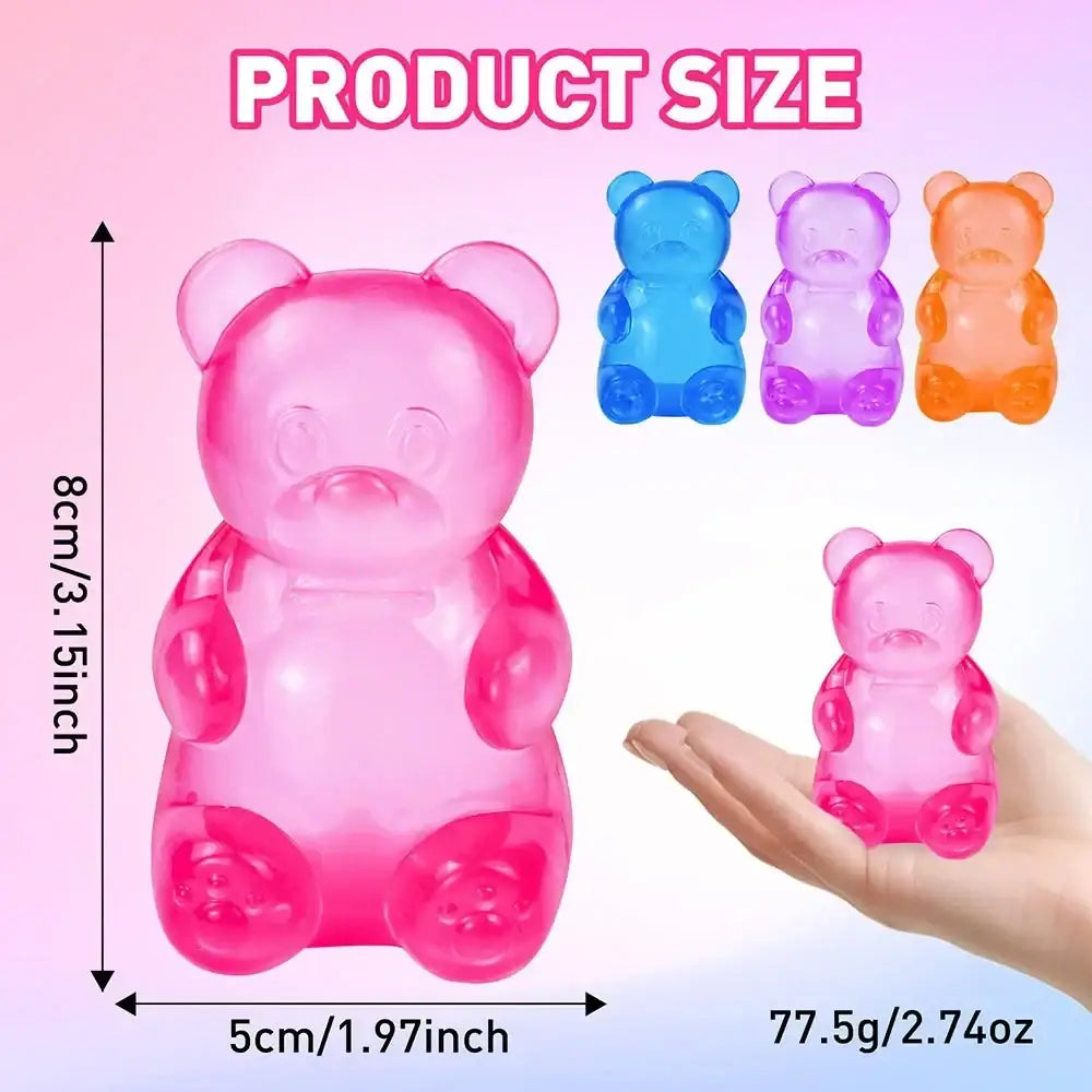 Pink gummy bear sensory fidget toy made of translucent pink glossy plastic with detailed facial and paw features