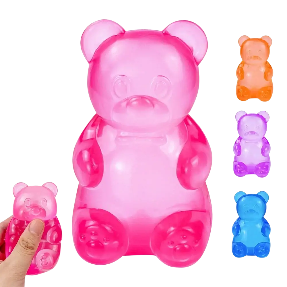 Pink gummy bear sensory fidget toy made of translucent jelly-like material with a glossy finish for stress relief