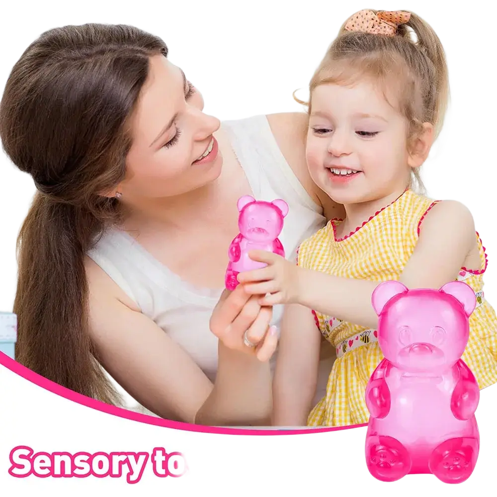 Pink gummy bear sensory fidget toy made of translucent soft silicone for tactile stress relief and focus enhancement